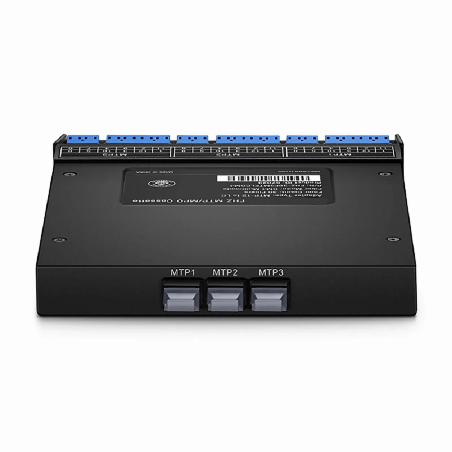 SFPS FHZA MTP®-LC Cassette, OS2 Singlemode, Universal, 36 Fibers, 3 x MTP®-12 (Male) to 6 x LC Duplex and 6 x LC Quad (Blue), 0.35dB Max.