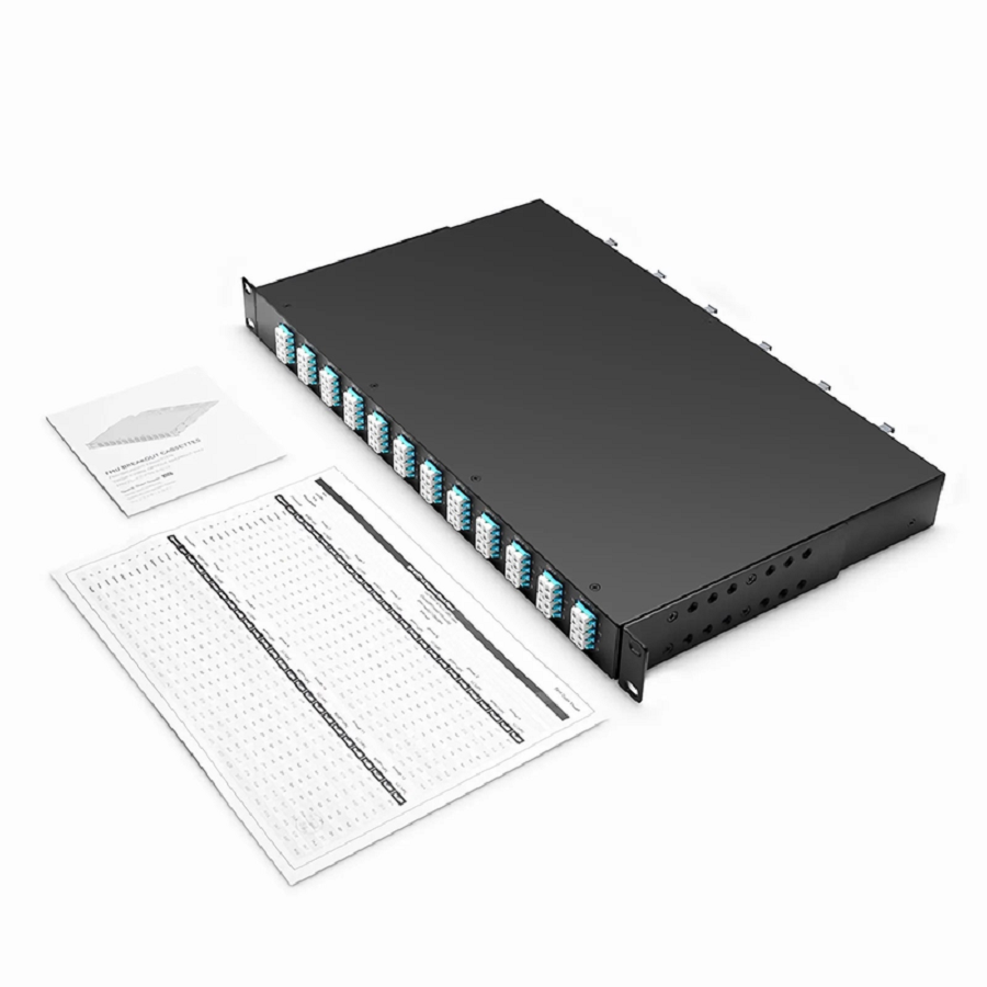 SFPS FHUA 1U MTP®-LC Cassette, OM4 Multimode, Universal, 96 Fibers, 12 x MTP®-8 (Male) to 24 x LC Quad (Aqua), 0.35dB Max.