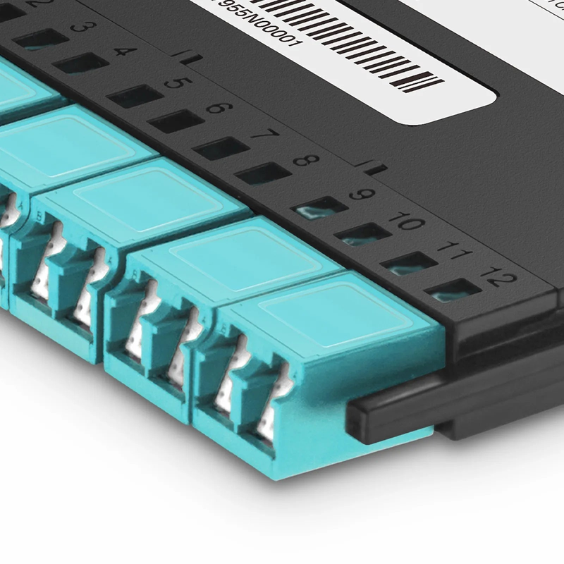 SFPS FHXA MTP®-LC Cassette, OM4 Multimode, Type A, 12 Fibers, MTP®-12 (Male) to 6 x Shuttered LC Duplex (Aqua), 0.35dB Max.