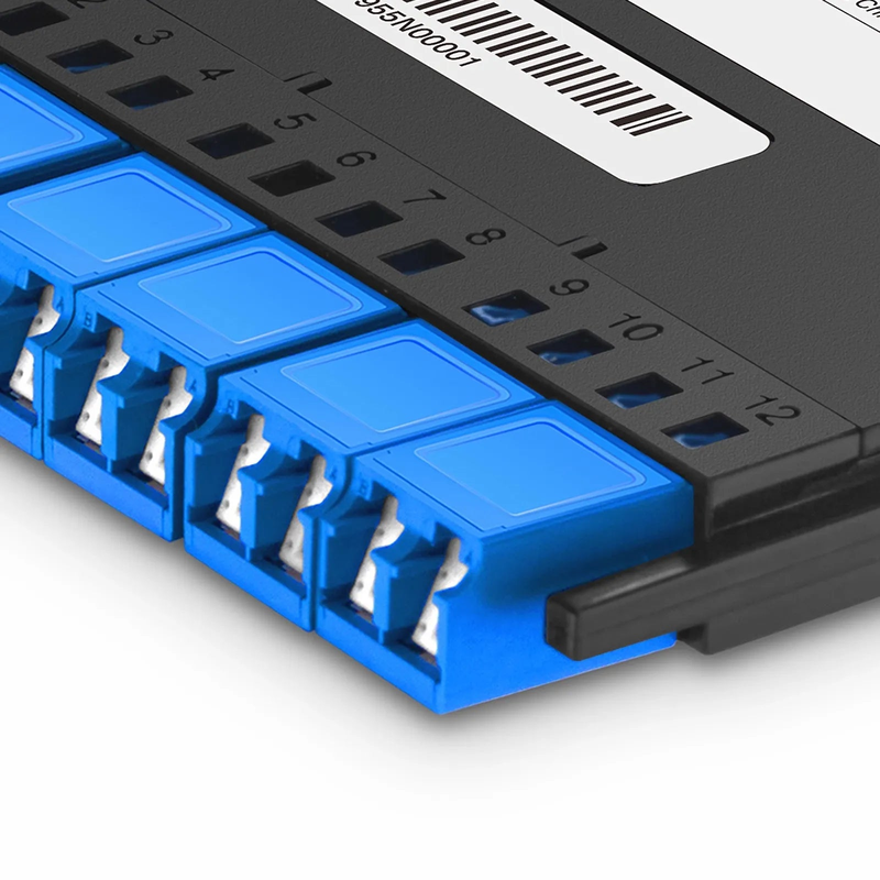 SFPS FHXA MTP®-LC Cassette, OS2 Single Mode, Universal, 12 Fibers, MTP®-12 (Male) to 6 x Shuttered LC Duplex (Blue), 0.35dB Max.