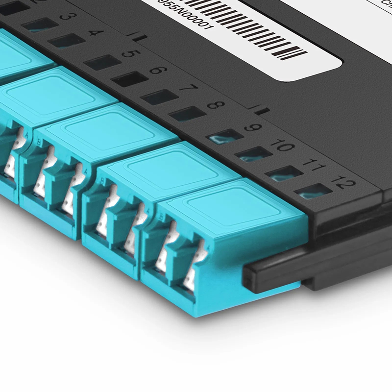 SFPS FHXA MTP®-LC Cassette, OM4 Multimode, Universal, 12 Fibers, MTP®-12 (Male) to 6 x Shuttered LC Duplex (Aqua), 0.35dB Max.