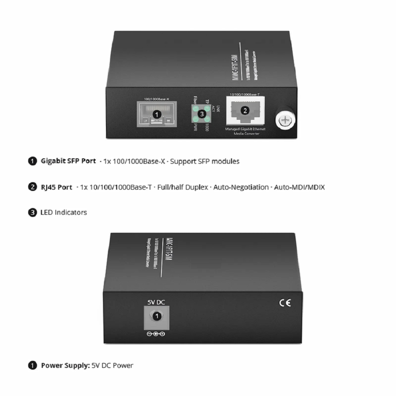 SFPS Managed 1x 100M/1G/2.5G/5G/10GBase-T RJ45 to 1x 10GBase-X SFP+ 10Gigabit Ethernet Media Converter, Slide-in Module, American Plug Standard