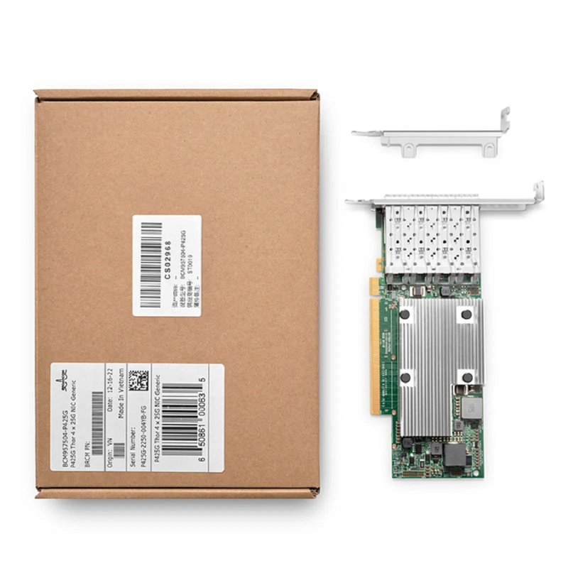 SFPS BroadcomA® BCM957504-P425G Ethernet Network Interface Card, P425G 25GbE Quad-port SFP28, PCIe 4.0 x16, Standard & Low Profile
