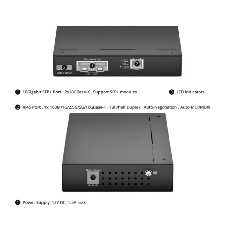 SFPS Managed 1x 100M/1G/2.5G/5G/10GBase-T RJ45 to 2x 10GBase-X SFP+ 10Gigabit Ethernet Media Converter, British Plug Standard