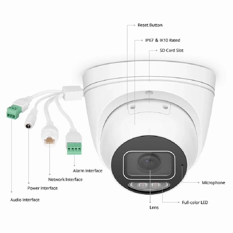 SFPS IPC501-FC-4M-T, 4MP Turret PoE Network Camera with Built-in Mic, 98ft Color Night Vision, 120dB True WDR, IP67 & IK10 Rating, 2.8mm Fixed Lens
