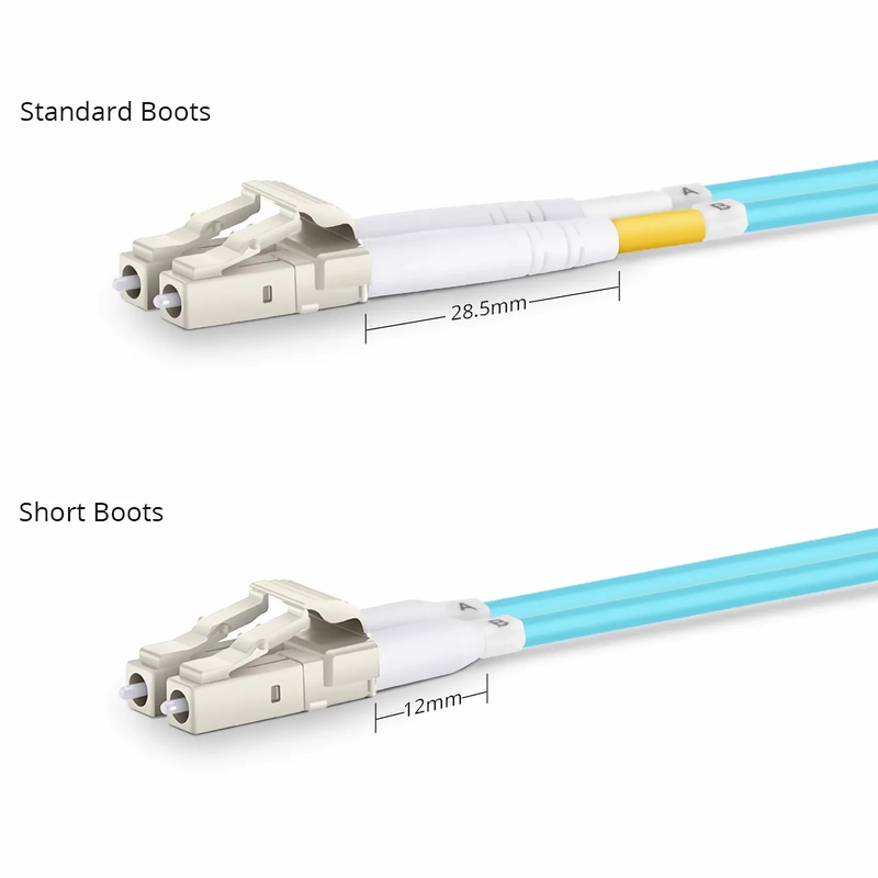 SFPS 1m (3ft) Fiber Patch Cable, 2 Fibers, Short Boot, LC UPC Duplex to LC UPC Duplex, Multimode (OM4), Riser (OFNR), 2.0mm, Tight-Buffered, Aqua