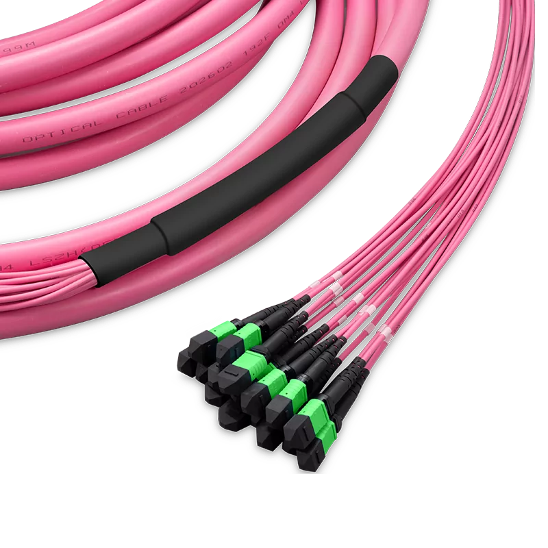 65m (213ft) Pre-terminated MPO Trunk Cable, 192 Fibers, 16 x MPO-12 APC (Male) to 16 x MPO-12 APC (Male) Multimode (OM4) Type B, LSZH, 0.35dB Max, Breakout 80cm, Double Jacket, Magenta SFPS