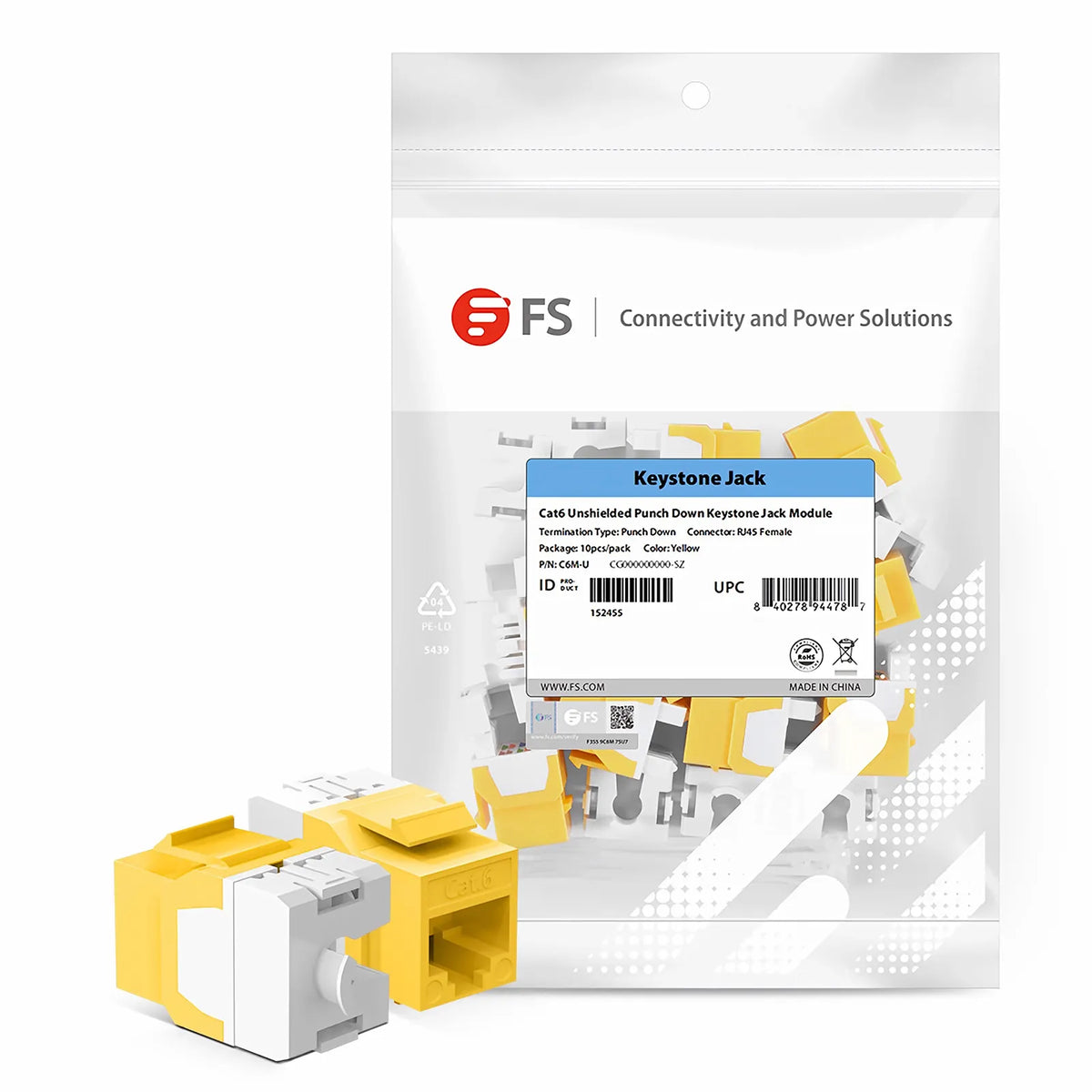 SFPS Cat6 RJ45 (8P8C) Unshielded Punch Down Keystone Jack Module, Yellow (10 pcs/Pack)