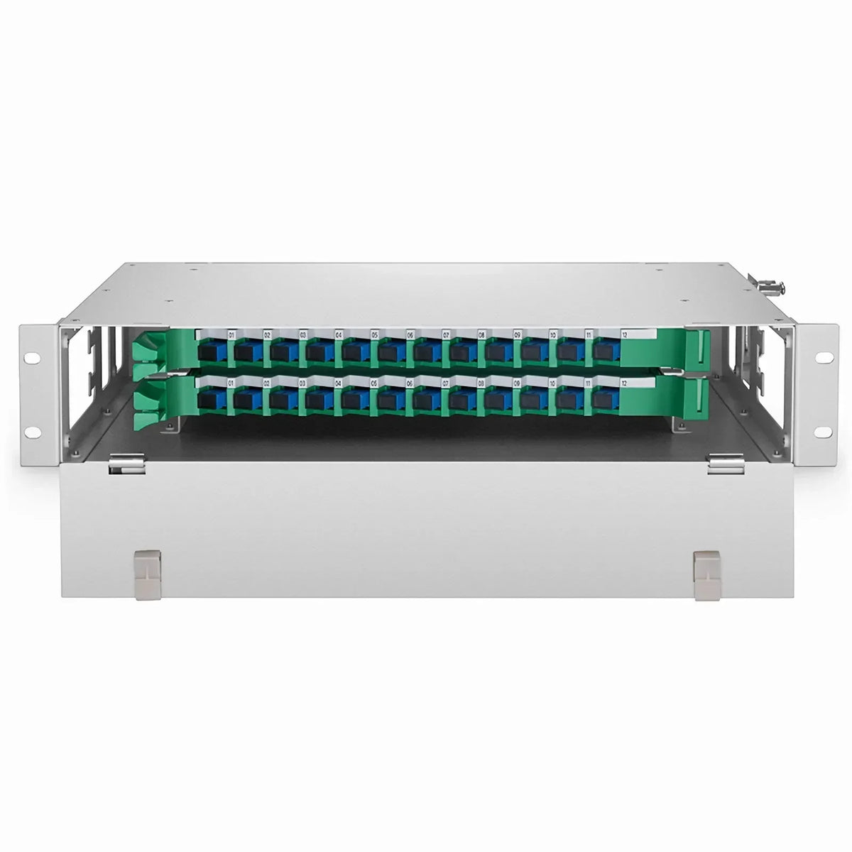 SFPS 2U Rack Mount Fiber Optic Distribution Panel, 24 Fibers OS2 Single Mode, 24 x SC UPC Simplex (Blue) Adapter