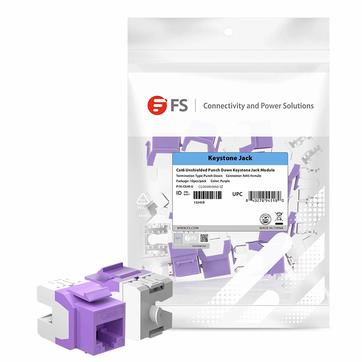 SFPS Cat6 RJ45 (8P8C) Unshielded Punch Down Keystone Jack Module, Purple (10 pcs/Pack)