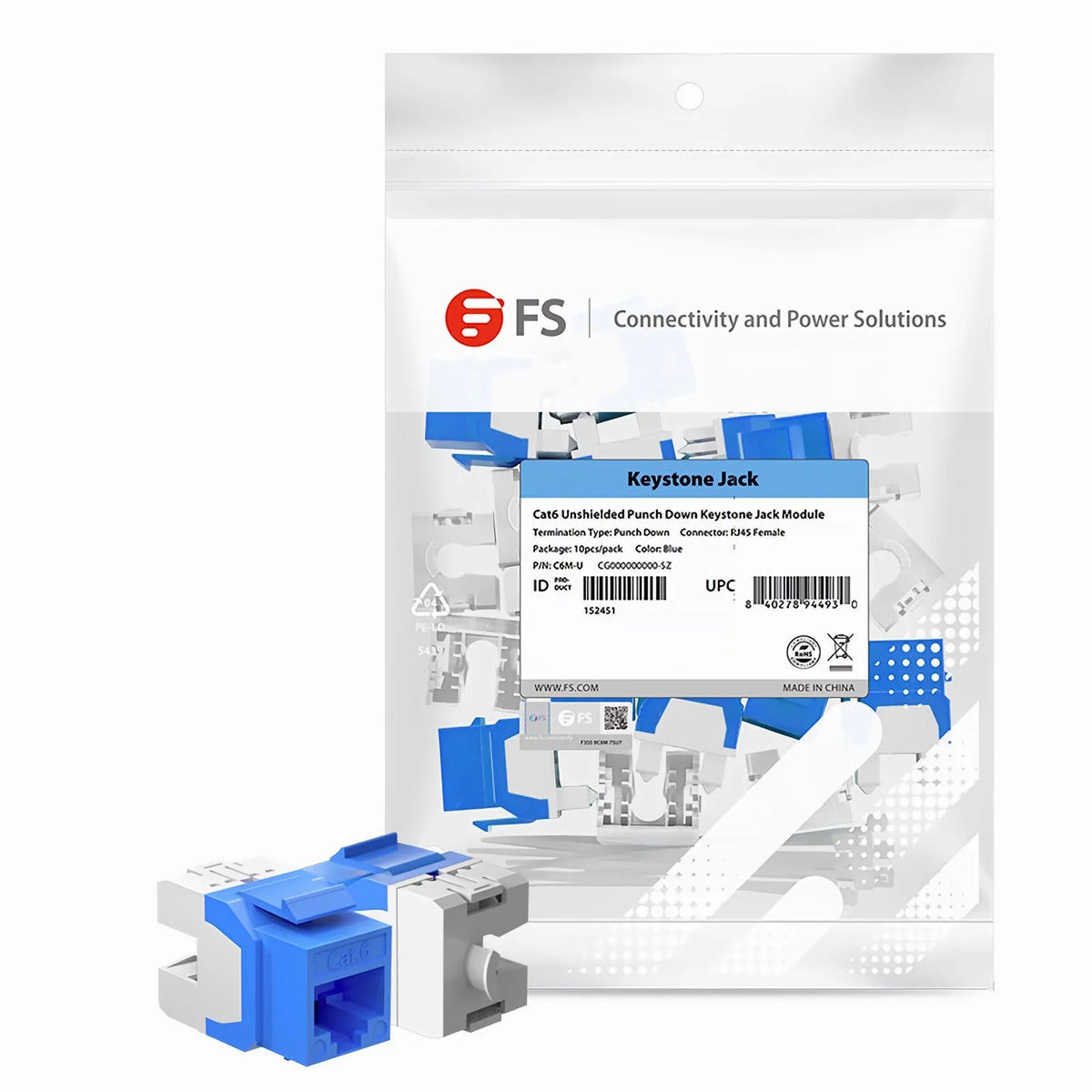 SFPS Cat6 RJ45 (8P8C) Unshielded Punch Down Keystone Jack Module, Blue (10 pcs/Pack)