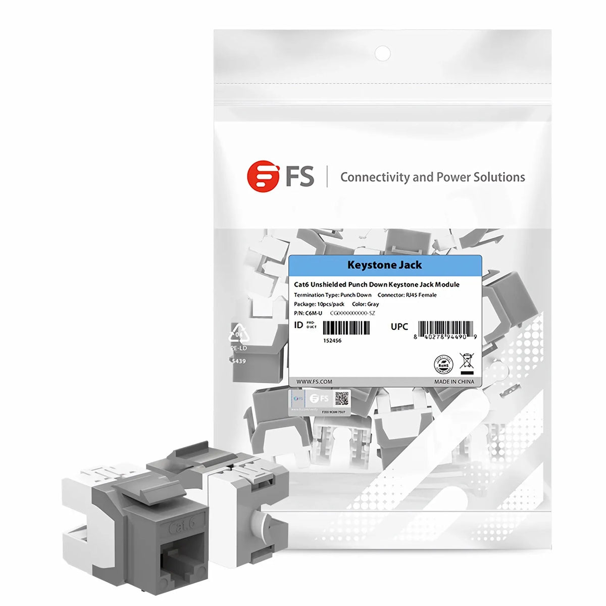 SFPS Cat6 RJ45 (8P8C) Unshielded Punch Down Keystone Jack Module, Gray (10 pcs/Pack)