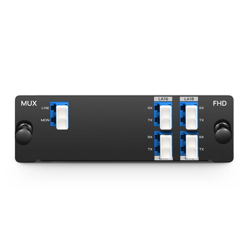 SFPS 4 Channels LAN-WDM Mux Demux, 1273.55-1286.66nm, with Monitor Port, 2.8dB Typical IL, LC/UPC, Single Fiber, Side-B, High Density, FHDA Plug-in Module