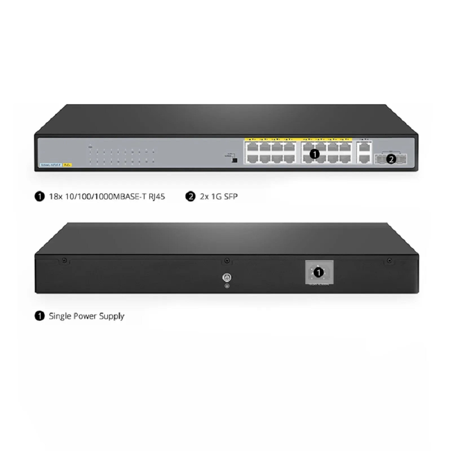 SFPS S2500L-18T2F-P, 18-Port Gigabit Ethernet L2 Unmanaged PoE+ Switch, 16 x PoE+ Ports@240W, 2 x 1Gb RJ45, with 2 x 1Gb SFP Uplinks, Desktop/Rackmount