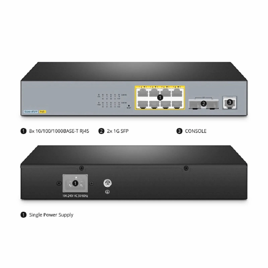 SFPS S3260-8T2FP, 8-Port Gigabit Ethernet L2+ PoE+ Switch, 8 x PoE+ Ports @240W, with 2 x 1Gb SFP Uplinks, Support IEEE 802.3af/at