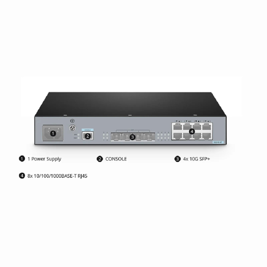 SFPS S3240-8T, 8-Port Gigabit Ethernet L2+ Switch, 8 x Gigabit RJ45, with 4 x 10Gb SFP+ Uplinks, Stackable Switch, Fanless
