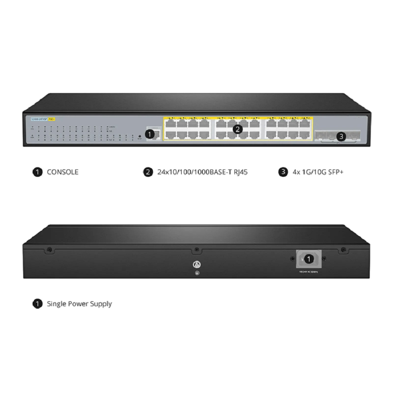 SFPS S3900-24F4S-R, 24-Port Gigabit Ethernet L2+ Switch, 16 x 1Gb SFP, 8 x 1Gb RJ45/SFP Combo Ports, with 4 x 10Gb SFP+ Uplinks, Stackable Switch