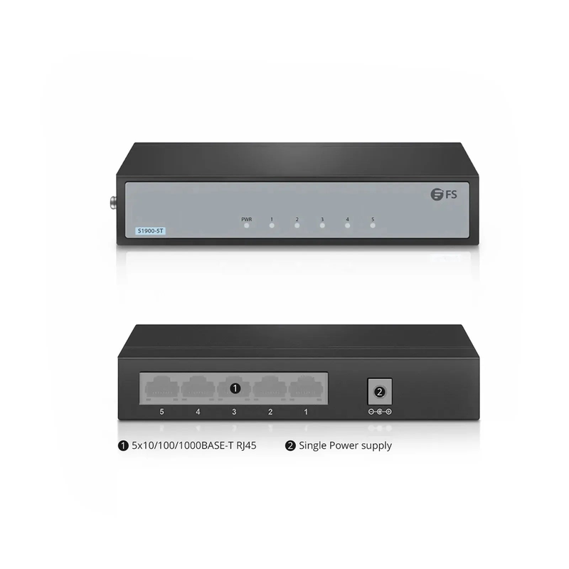 SFPS S1900-5T, 5-Port Gigabit Ethernet L2 Unmanaged Switch, 5x 10/100/1000BASE-T RJ45, Metal, Fanless, Desktop/Wall-Mount