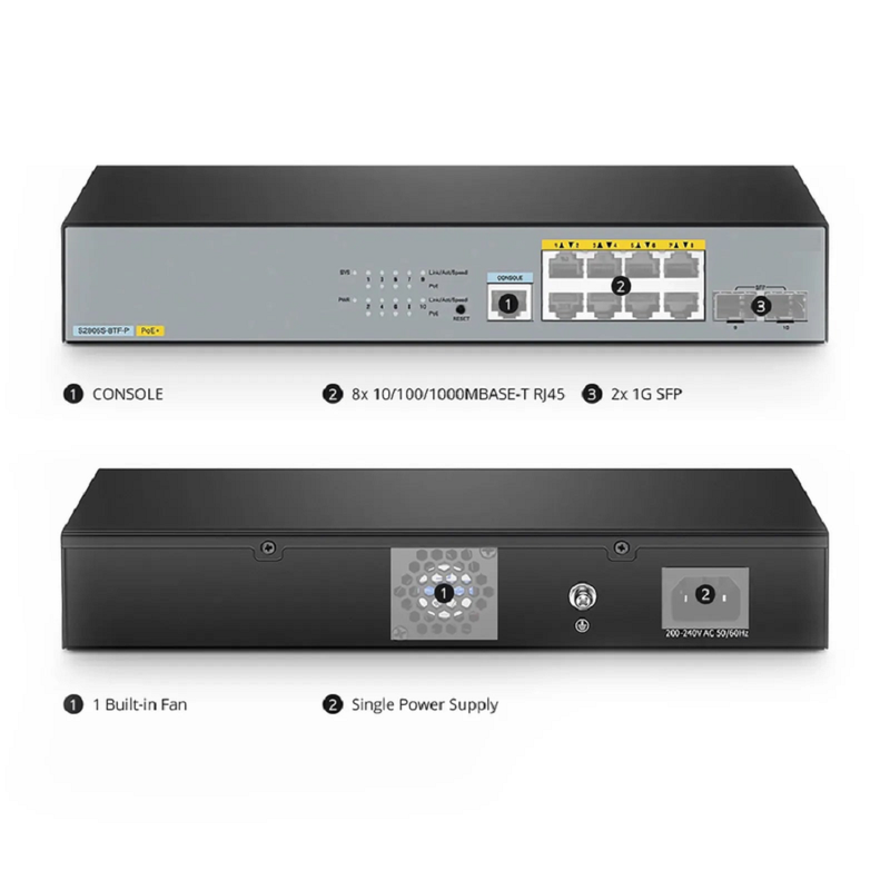 SFPS S3200-8MG4S-U, 8-Port Ethernet L2+ Managed PoE+ Switch, 8 x 100M/1000M/2.5G Multi-Gigabit RJ45, with 4 x 10Gb SFP+ Uplinks