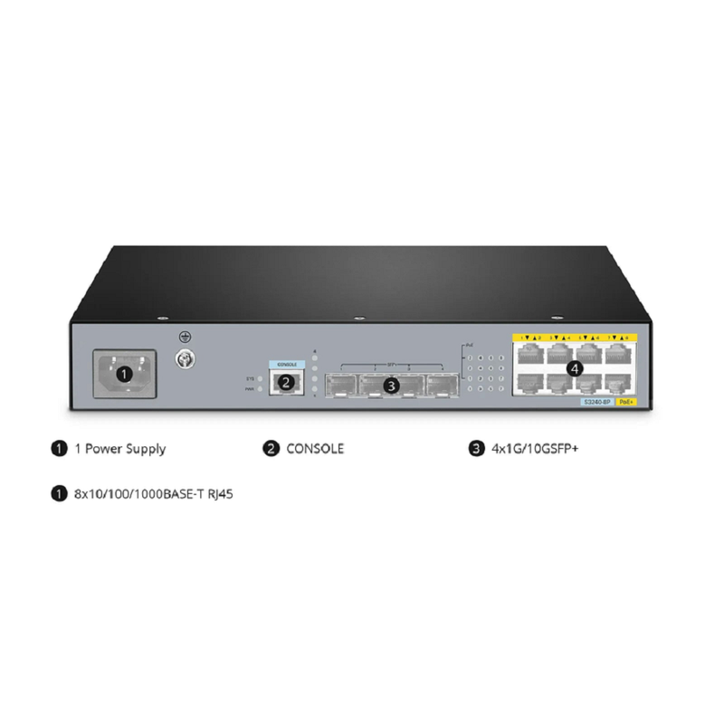 SFPS S3240-8P, 8-Port Gigabit Ethernet L2+ PoE+ Switch, 8 x PoE+ Ports@120W, with 4 x 10Gb SFP+ Uplinks, Stackable Switch, Fanless