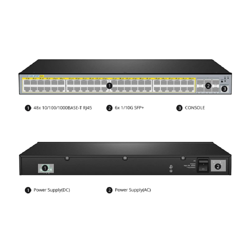 SFPS S3400-48T6SP, 48-Port Gigabit Ethernet L2+ PoE+ Switch, 48 x PoE+ Ports @370W, with 6 x 10Gb SFP+ Uplinks, AC+DC Power Supplies, Support Stacking