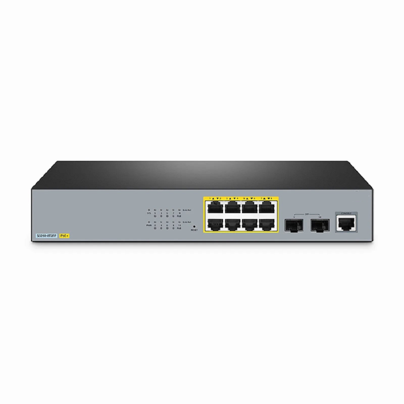 SFPS S3260-8T2FP, 8-Port Gigabit Ethernet L2+ PoE+ Switch, 8 x PoE+ Ports @240W, with 2 x 1Gb SFP Uplinks, Support IEEE 802.3af/at