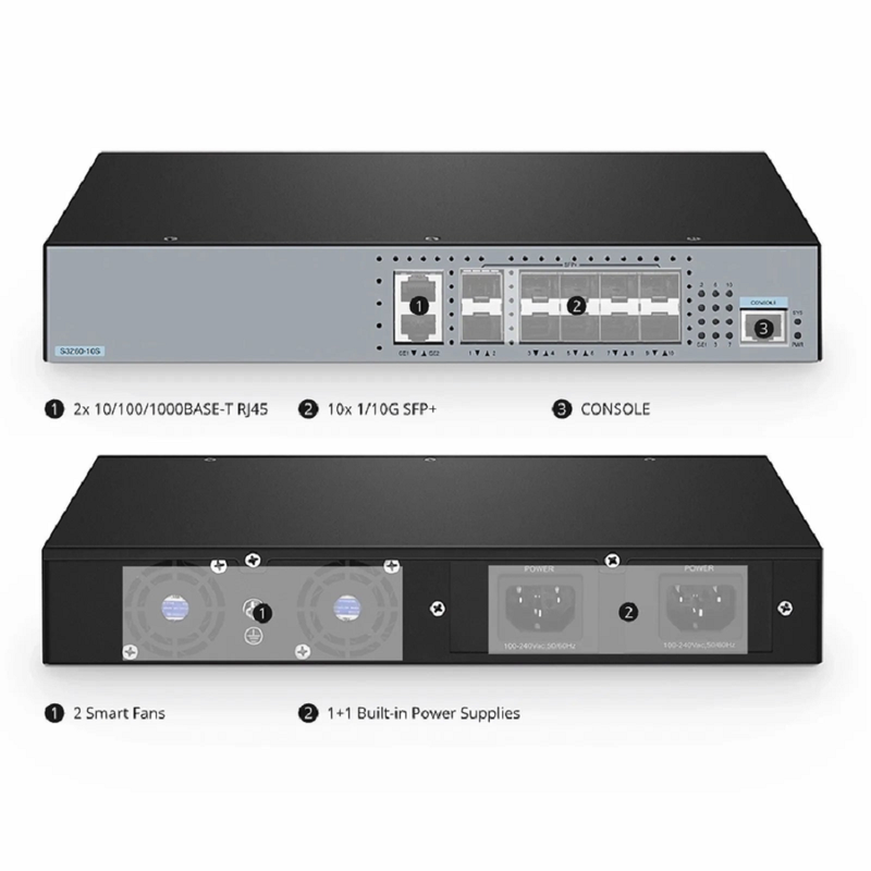 SFPS S3260-10S, 10-Port Ethernet L3 Managed Switch, 10 x 10Gb SFP+, with 2 x Gigabit RJ45, Support Stacking
