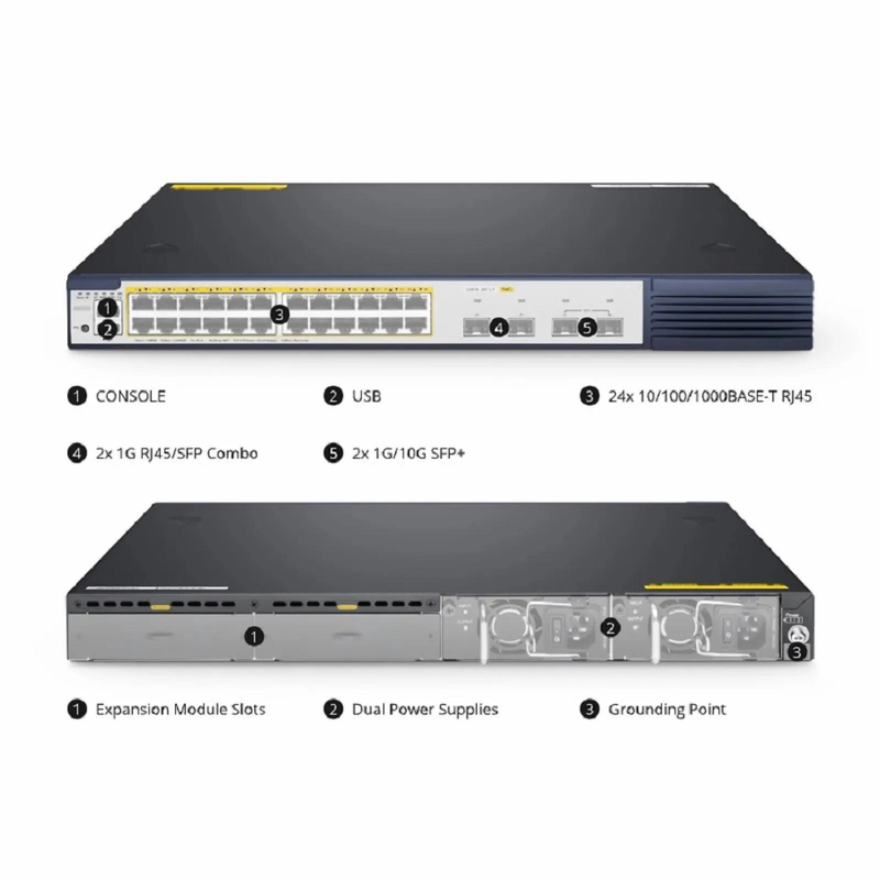 SFPS S3410-24TS-P, 24-Port Gigabit Ethernet L2+ PoE+ Switch, 24 x PoE+ Ports @740W, with 2 x 10Gb SFP+ Uplinks and 2 x Combo SFP Ports, Stackable Switch, Broadcom Chip