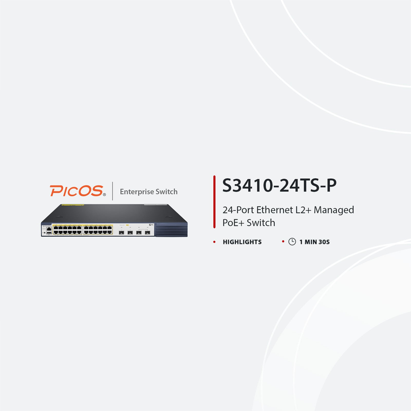 SFPS S3410-24TS-P, 24-Port Gigabit Ethernet L2+ PoE+ Switch, 24 x PoE+ Ports @740W, with 2 x 10Gb SFP+ Uplinks and 2 x Combo SFP Ports, PicOSA®, Support MLAG, Broadcom Chip