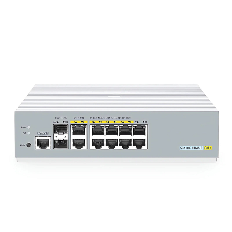 SFPS S3410C-8TMS-P, 8-Port Gigabit Ethernet L2+ PoE+ Switch, 8 x PoE+ Ports@125W, 2 x 5Gb RJ45, with 2 x 10Gb SFP+ Uplinks, PicOSA®, Support MLAG, Broadcom Chip, Fanless