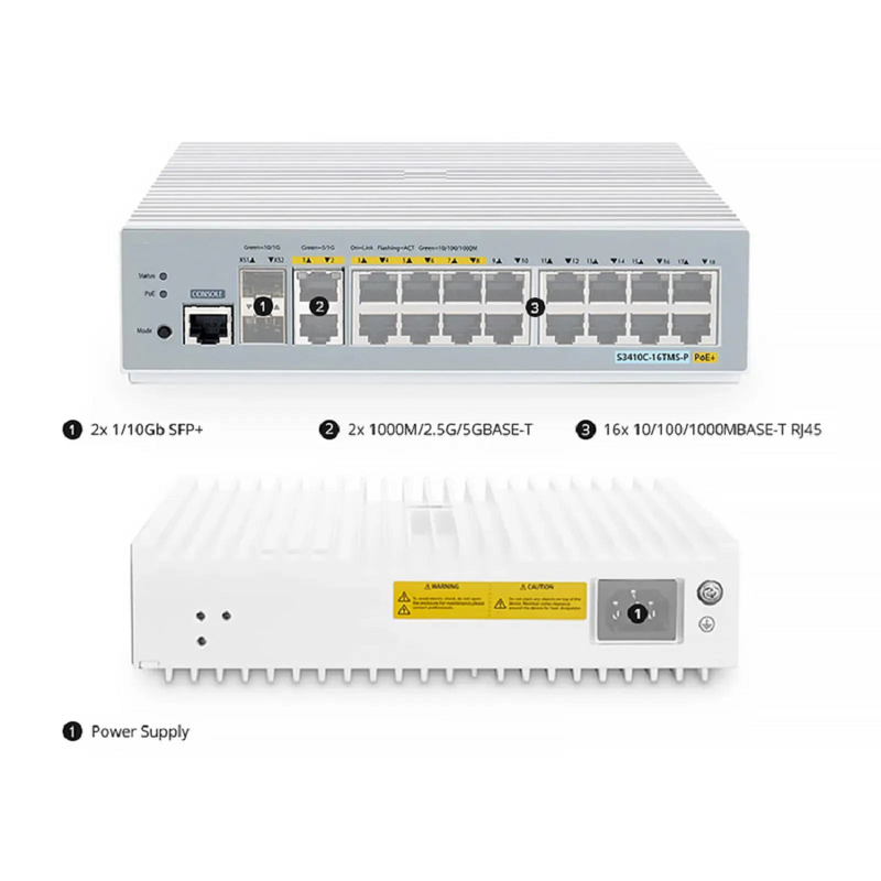 SFPS S3410C-8TMS-P, 8-Port Gigabit Ethernet L2+ PoE+ Switch, 8 x PoE+ Ports@125W, 2 x 5Gb RJ45, with 2 x 10Gb SFP+ Uplinks, PicOSA®, Support MLAG, Broadcom Chip, Fanless