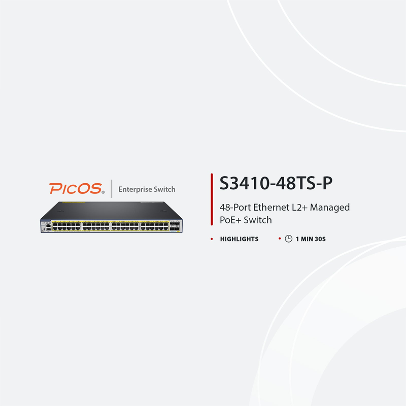 SFPS S3410-48TS-P, 48-Port Gigabit Ethernet L2+ PoE+ Switch, 48 x PoE+ Ports @740W, with 2 x 10Gb SFP+ Uplinks and 2 x Combo SFP Ports, PicOSA®, Support MLAG, Broadcom Chip