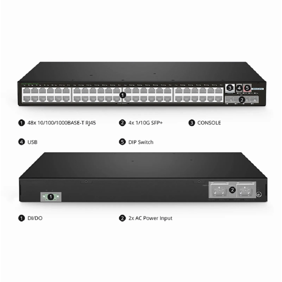 SFPS IES5120-48T4S, 48-Port Gigabit Ethernet L2+ Managed Industrial Switch, 48 x 10/100/1000BASE-T, with 4 x 1/10Gb SFP+, -40 to 75A°C Operating Temperature