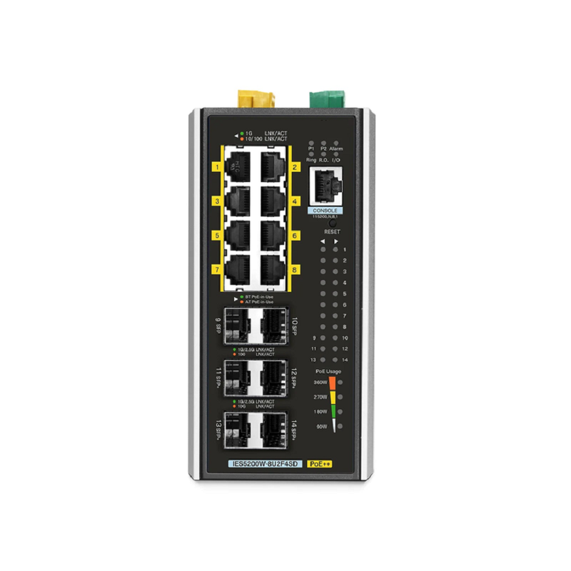 SFPS IES5200W-8U2F4SD, 8-Port Gigabit Ethernet L3 Managed Industrial PoE++ Switch, 8 x PoE++ Ports@360W, with 2 x 1/2.5Gb SFP, 4 x 10Gb SFP+, -40 to 75A°C Operating Temperature