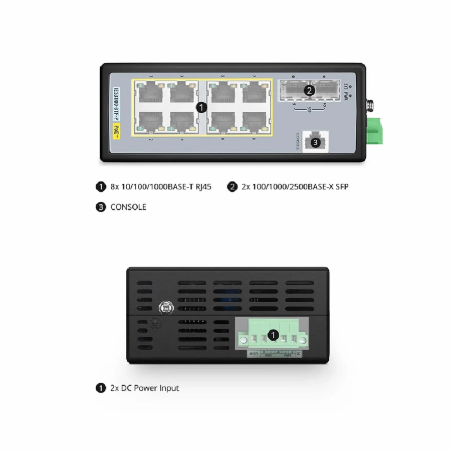 SFPS IES3100-8TF-P, 8-Port Gigabit Ethernet L2+ Managed Industrial PoE+ Switch, 8 x PoE+ Ports @240W, with 2 x 1/2.5Gb SFP, Wide-Temp