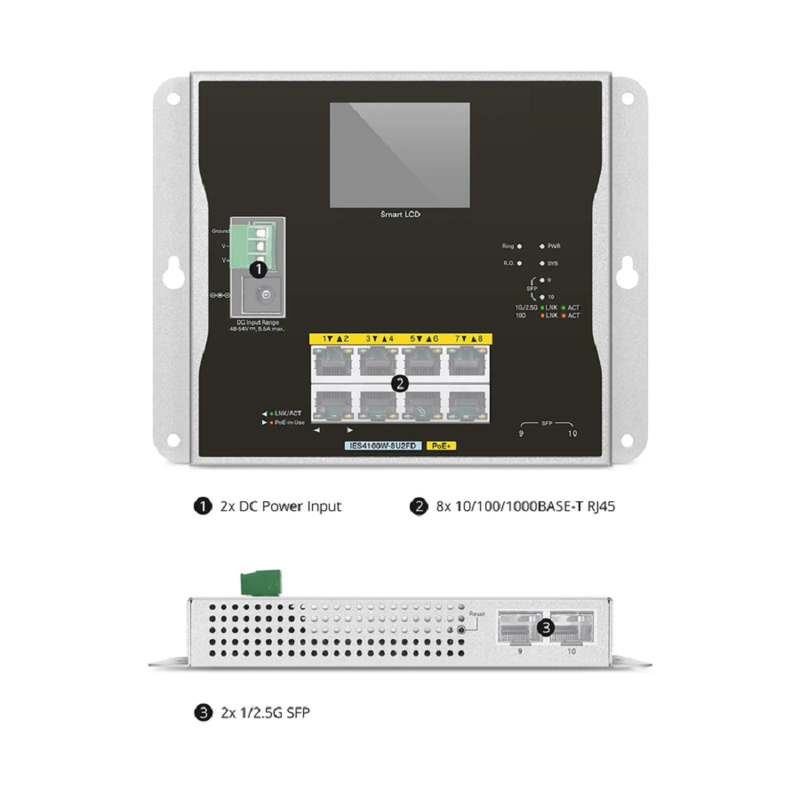 SFPS IES4100W-8U2FD, 8-Port Gigabit Ethernet L2+ Managed Industrial PoE+ Switch, 8 x PoE+ Ports@240W, with 2 x 1/2.5Gb SFP, -20 to 70A°C Operating Temperature