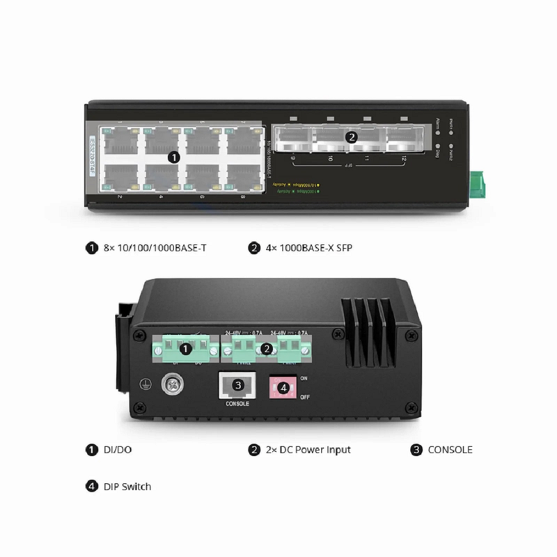 SFPS IES3220-8T4F, 8-Port Gigabit Ethernet L2+ Managed Industrial Switch, 8 x 10/100/1000BASE-T, with 4 x 1Gb SFP, -40 to 75A°C Operating Temperature