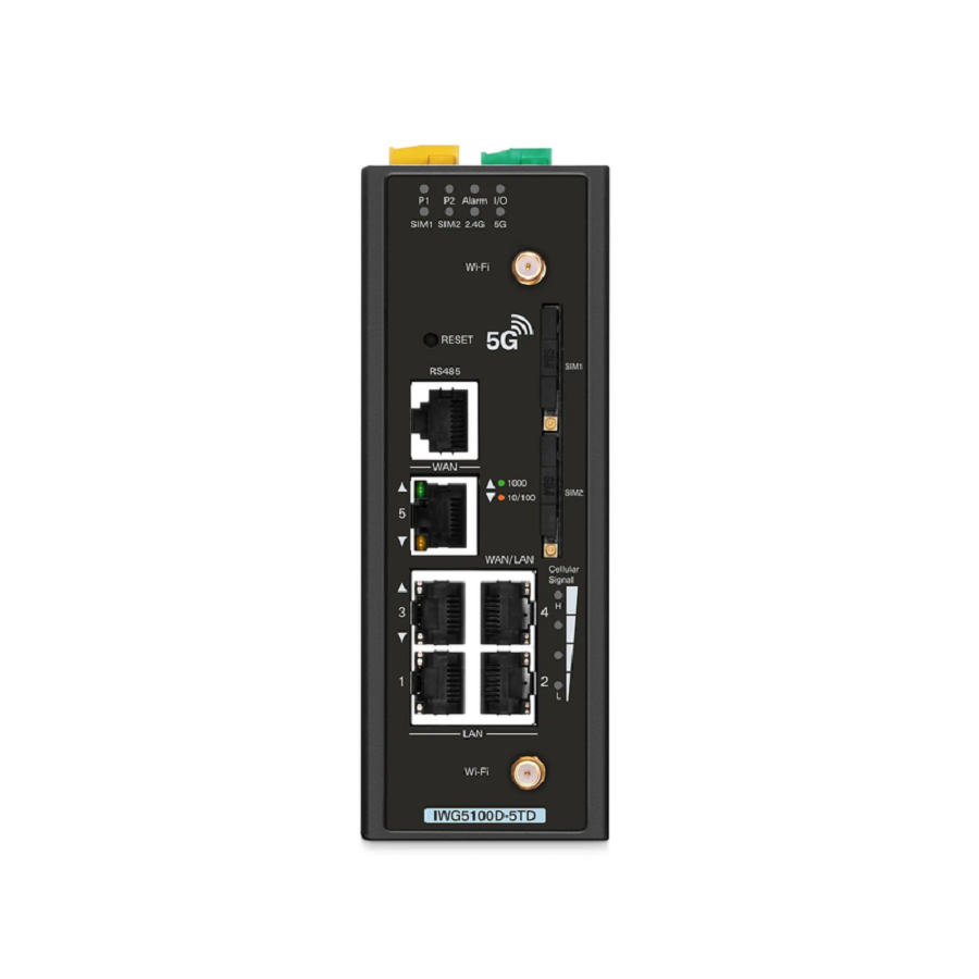 SFPS IWG5100D-5TD, 5-Port Gigabit Ethernet Industrial 5G NR Cellular Wireless Gateway, with 5 x 10/100/1000BASE-T RJ45, 3 LAN Ports, 1 LAN/WAN Port, 1 WAN Port, Support Dual-SIM and IPSec VPN