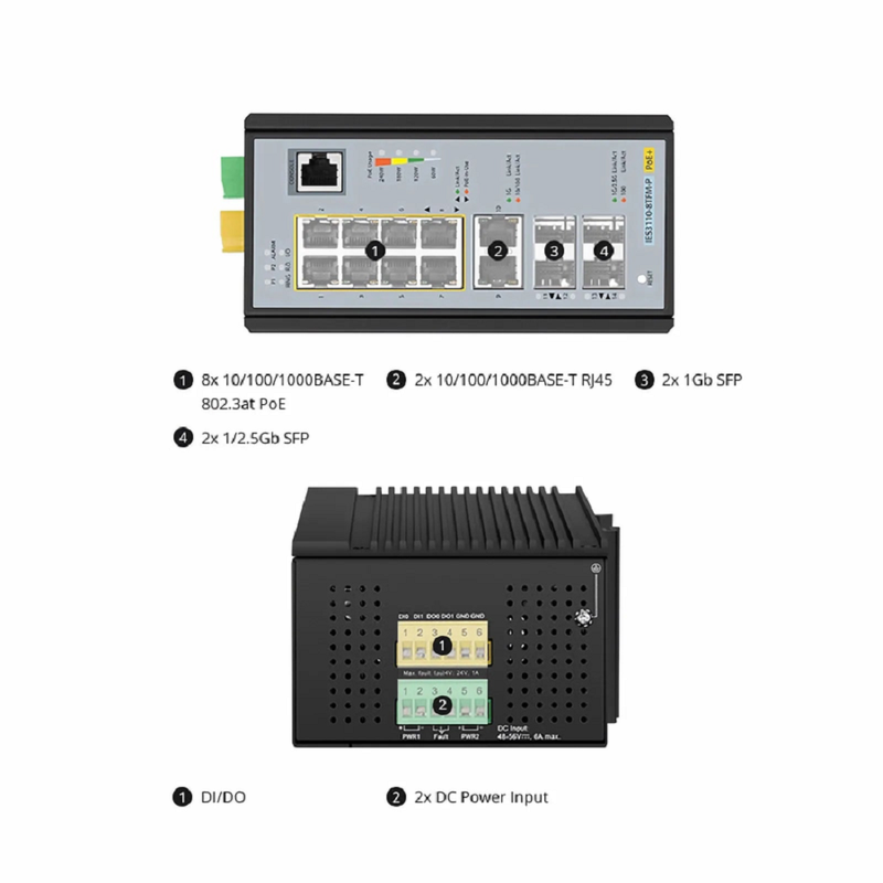 SFPS IES3110-8TFM-P, 8-Port Gigabit Ethernet L2+ Managed Industrial PoE+ Switch, 8 x PoE+ Ports @240W, and 2 x 10/100/1000BASE-T, with 2 x 1Gb SFP, 2 x 1/2.5Gb SFP, -40 to 75A°C Operating Temperature