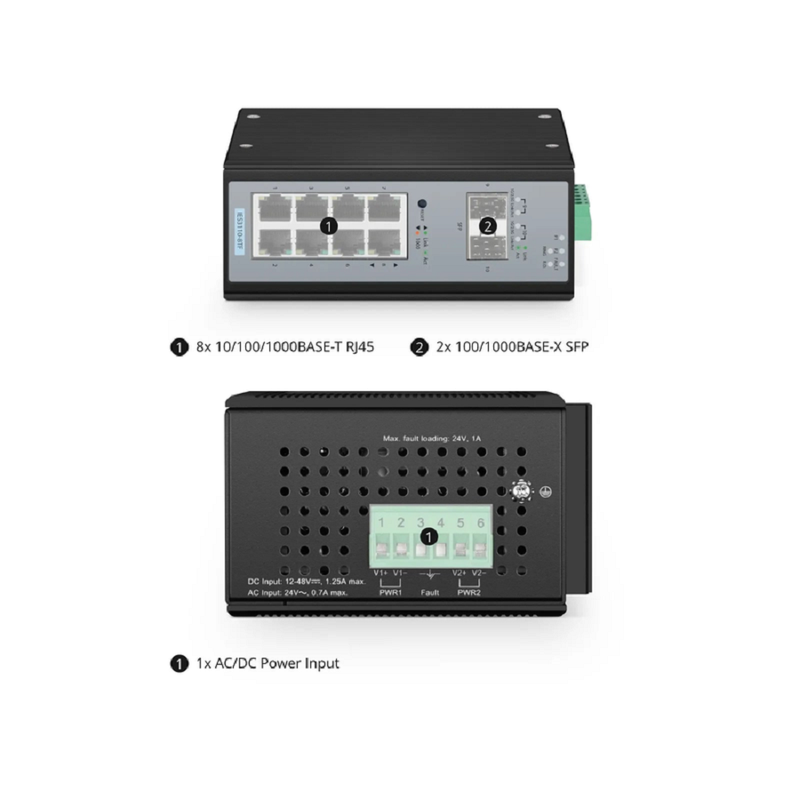 SFPS IES3110-8TF, 8-Port Gigabit Ethernet L2+ Managed Industrial Switch, 8 x 10/100/1000BASE-T, with 2 x 1Gb SFP, -40 to 75A°C Operating Temperature