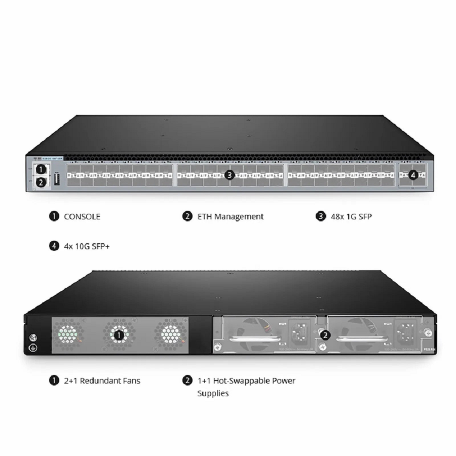 SFPS S5800-48F4SR, 48-Port Gigabit Ethernet L3 Switch, 48 x 1Gb SFP, with 4 x 10Gb SFP+, Support MPLS&MLAG