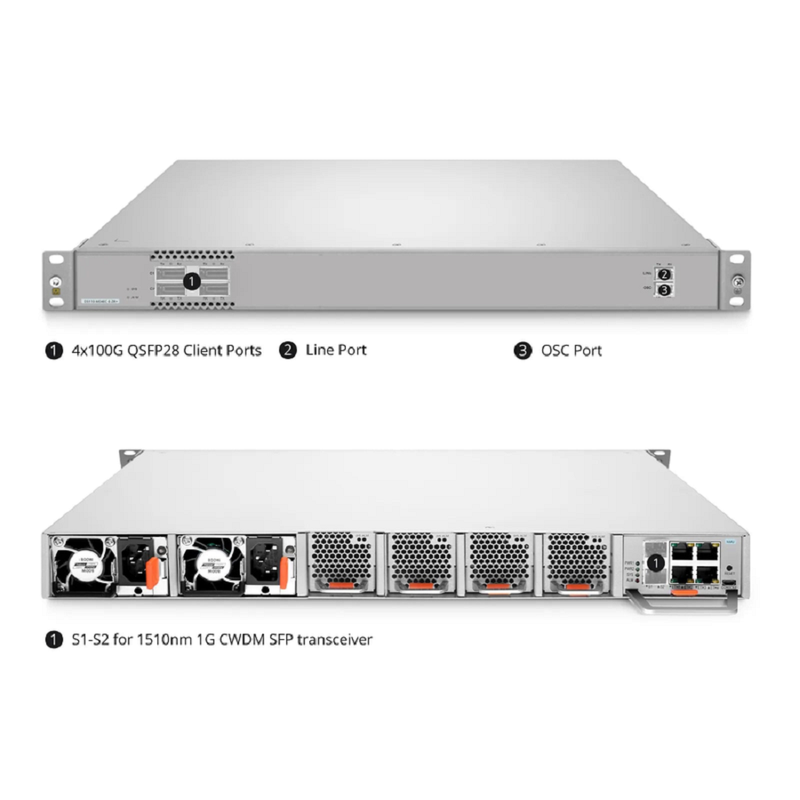 SFPS D5110-M08EC-E-ZR+, 8 Channel 100G Active DWDM Multiplexer for Open Line Systems, C21-C22, 8 x 100G QSFP28, Dual Fiber, 1U Rack Mount, 0-120km, Support WebGUI Network Management