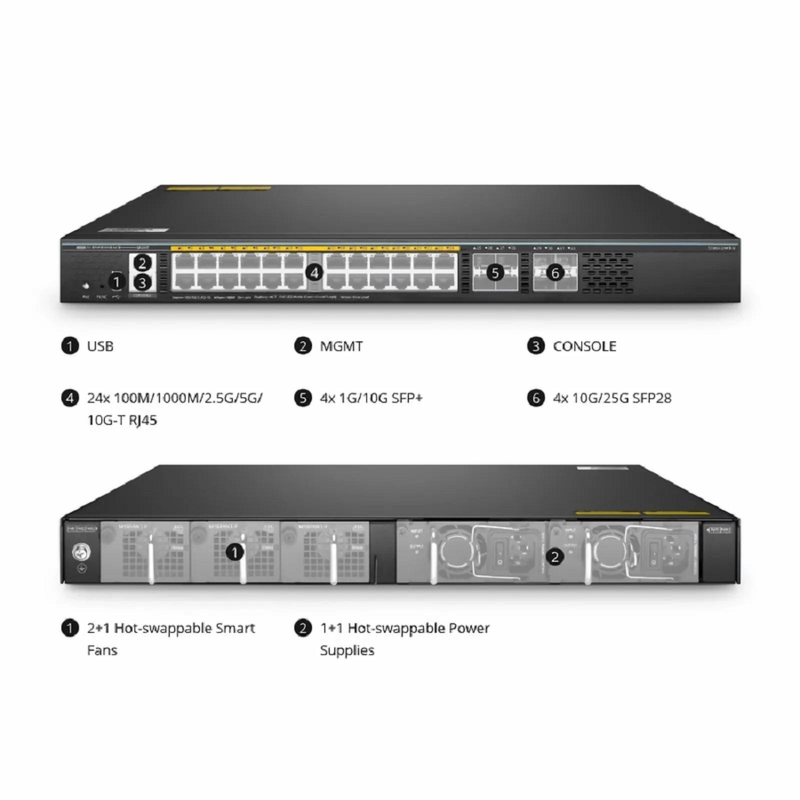 SFPS S5860-24XB-U, 24-Port Ethernet L3 PoE++ Switch, 24 x 10GBASE-T/Multi-Gigabit, 4 x 10Gb SFP+, with 4 x 25Gb SFP28 Uplinks, Support Stacking, Broadcom Chip