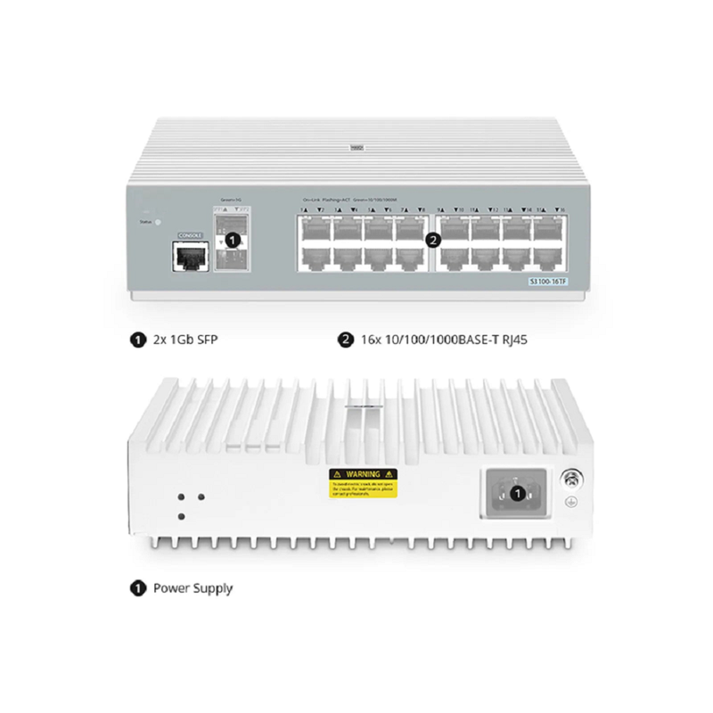 SFPS S3100-16TF-P, 16-Port Gigabit Ethernet L2+ PoE+ Switch, 8 x PoE+ Ports@125W, 8 x 1Gb RJ45, with 2 x 1Gb SFP Uplinks, Broadcom Chip, Fanless