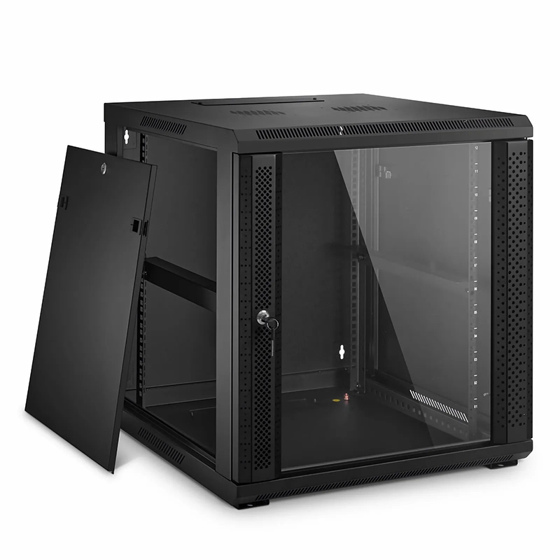 SFPS 12U GW600-Series 19" 4-Post Black Wall Mount Cabinet with Glass Front Door and 4 Casters