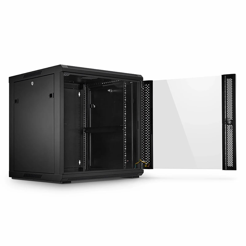 SFPS 12U GW600-Series 19" 4-Post Black Wall Mount Cabinet with Glass Front Door and 4 Casters
