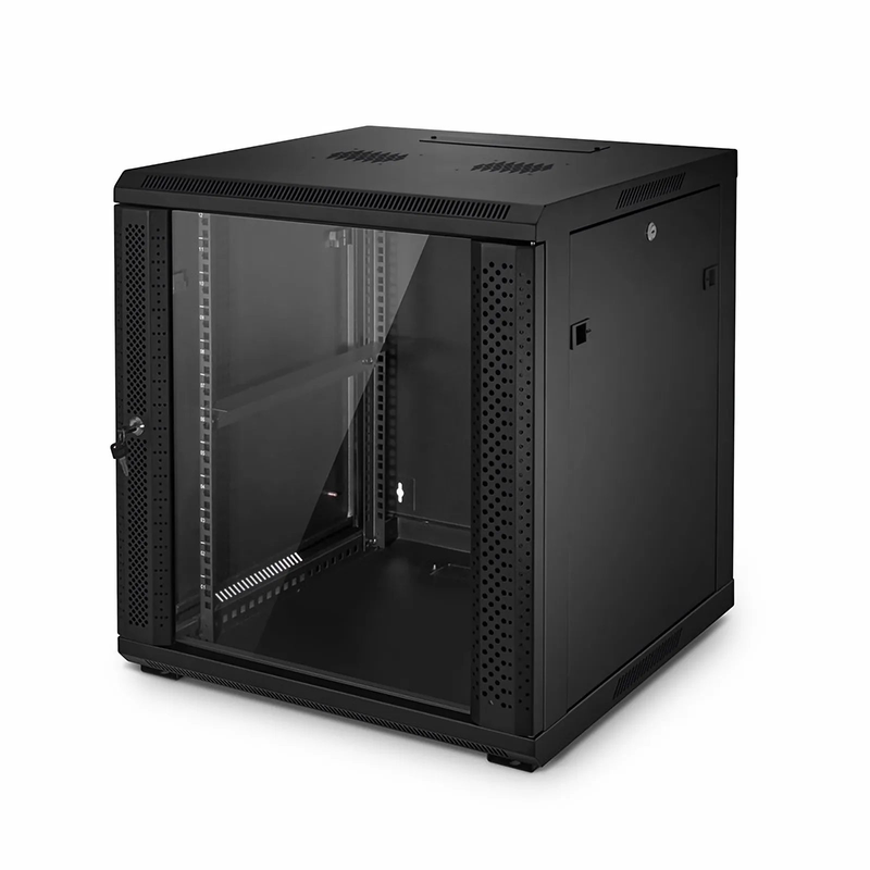 SFPS 12U GW600-Series 19" 4-Post Black Wall Mount Cabinet with Glass Front Door and 4 Casters