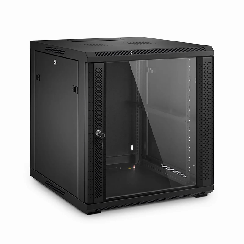 SFPS 12U GW600-Series 19" 4-Post Black Wall Mount Cabinet with Glass Front Door and 4 Casters