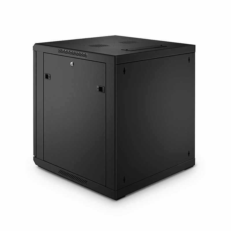 SFPS 12U GW600-Series 19" 4-Post Black Wall Mount Cabinet with Glass Front Door and 4 Casters