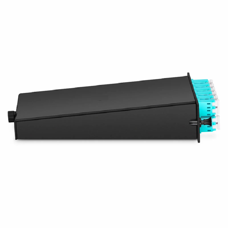 SFPS FHDA LC Splice Cassette with Pigtails, 12 Fibers OM4 Multimode, 6 x LC UPC Duplex (Aqua), 0.3dB Max.